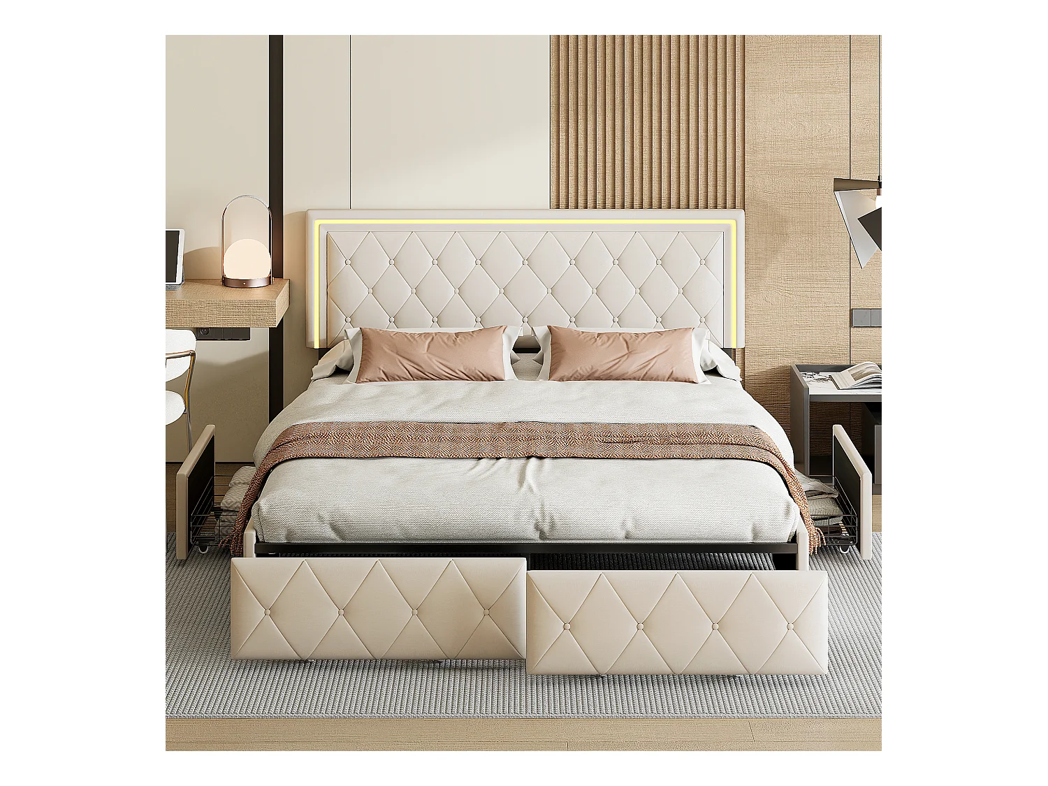 Letto matrimoniale 160x200 cm in tessuto bianco sporco, imbottito, con illuminazione LED, testiera regolabile, 4 cassetti e rete a doghe inclusa