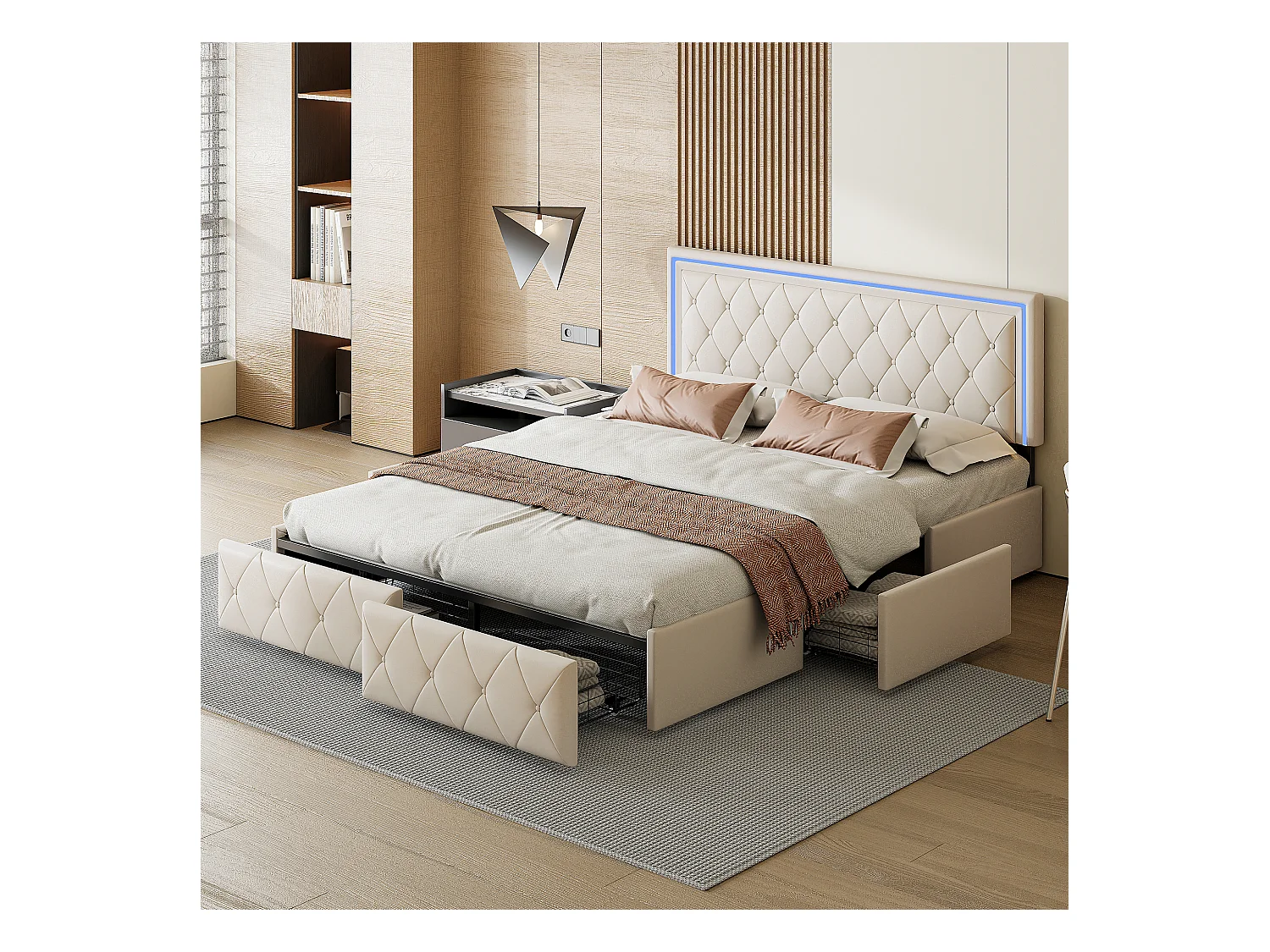 Letto matrimoniale 160x200 cm in tessuto bianco sporco, imbottito, con illuminazione LED, testiera regolabile, 4 cassetti e rete a doghe inclusa