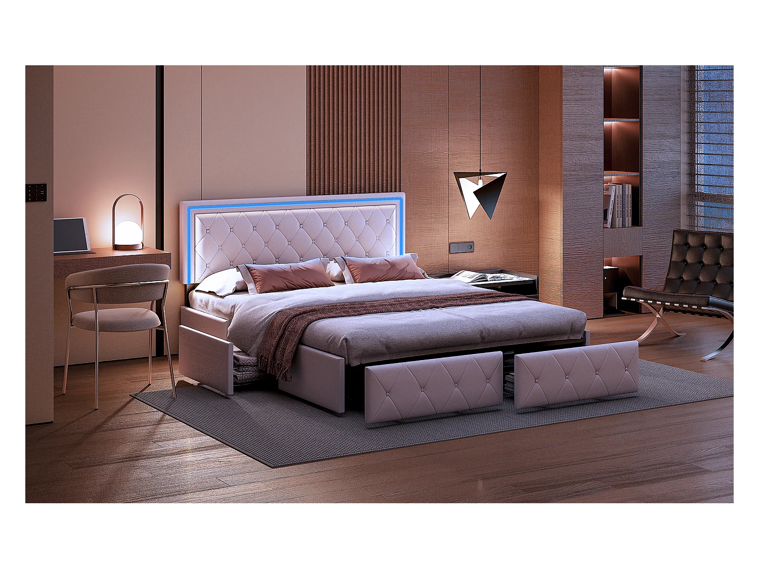 Letto matrimoniale 160x200 cm in tessuto bianco sporco, imbottito, con illuminazione LED, testiera regolabile, 4 cassetti e rete a doghe inclusa