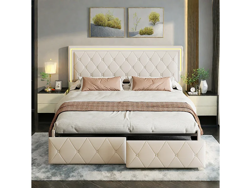 Lit double 160x200 cm blanc cassé, rembourré, avec LED, 4 tiroirs de rangement, tête de lit réglable et sommier à lattes, coffre inclus