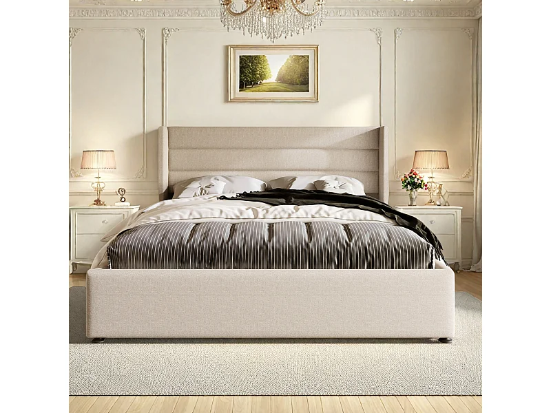 Sommier plateforme rembourré avec rangement, lit double hydraulique, 160x200cm, sommier à lattes en bois, beige (sans matelas)