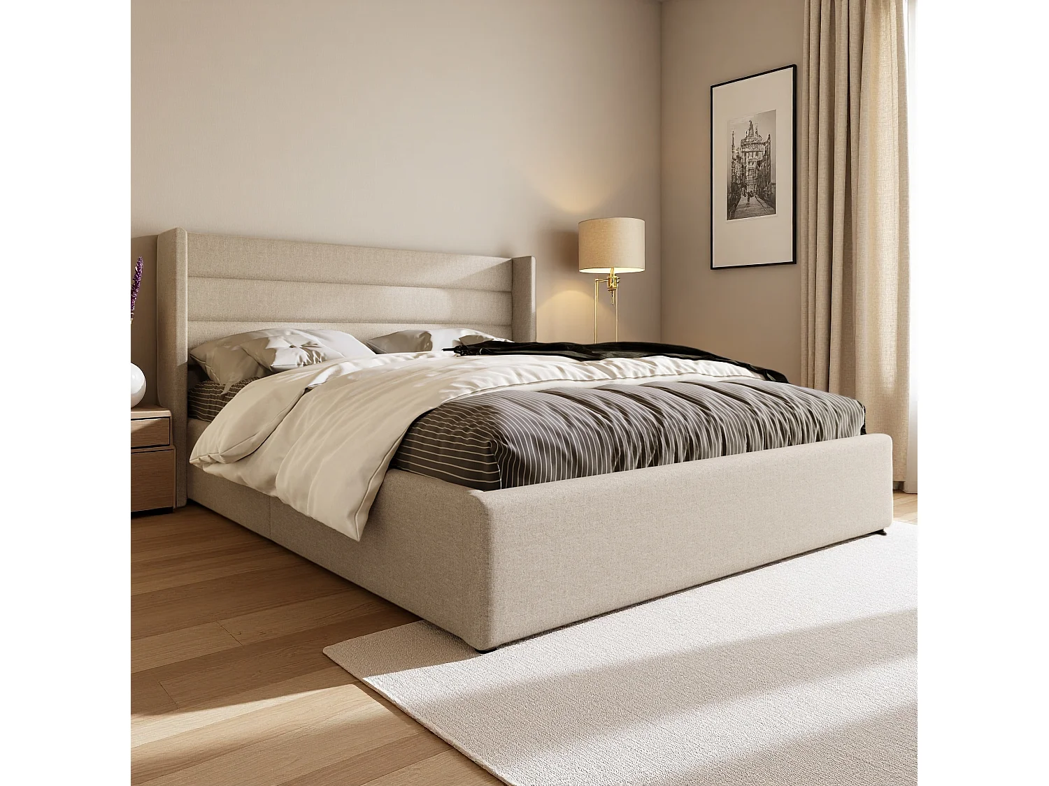 Letto a piattaforma imbottito con contenitore, letto matrimoniale idraulico, 160x200cm, rete a doghe in legno, beige (senza materasso)