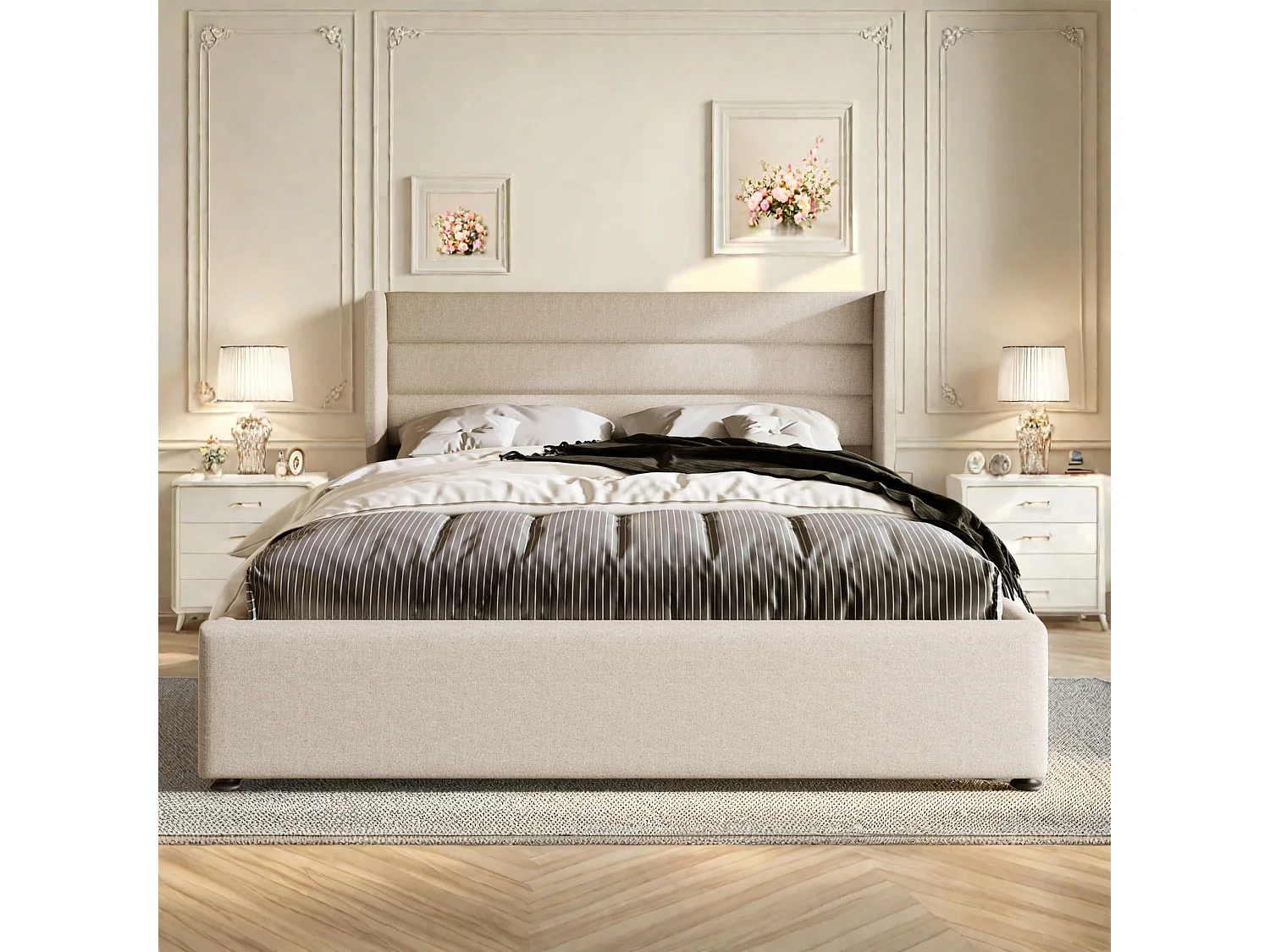 Letto a piattaforma imbottito con contenitore, letto matrimoniale idraulico, 160x200cm, rete a doghe in legno, beige (senza materasso)