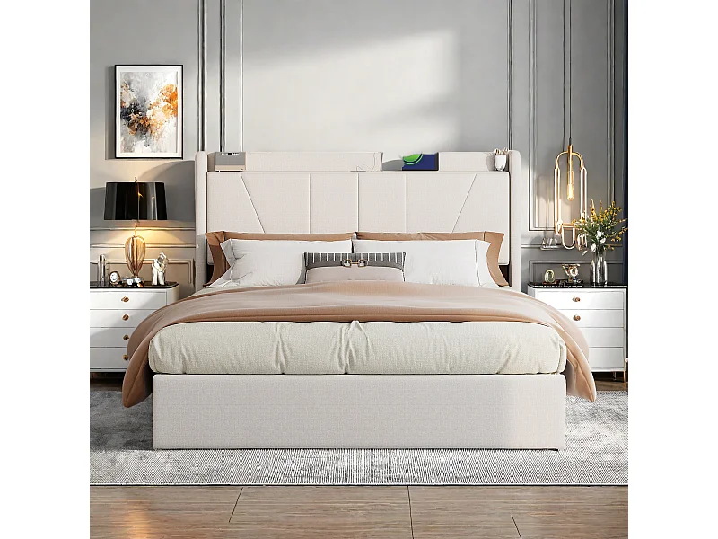 Letto in tessuto di lino beige 160×200 cm con molla a gas, 2 porte USB e 1 porta Type-C: pratico, comodo e moderno