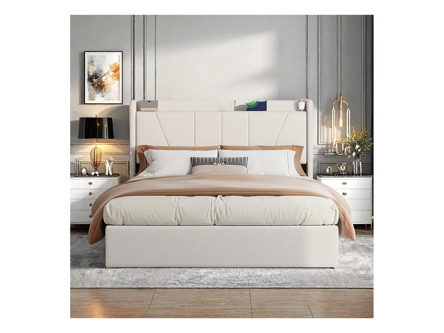 Letto in tessuto di lino beige 160×200 cm con molla a gas, 2 porte USB e 1 porta Type-C: pratico, comodo e moderno