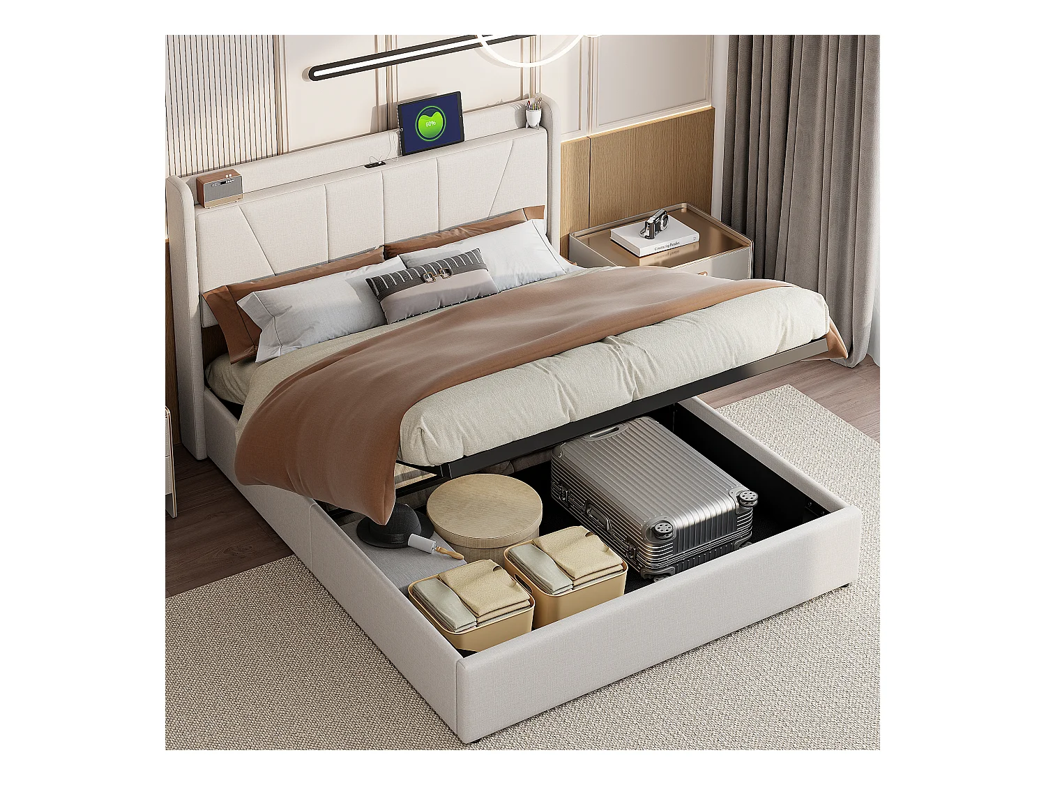 Letto in tessuto di lino beige 160×200 cm con molla a gas, 2 porte USB e 1 porta Type-C: pratico, comodo e moderno