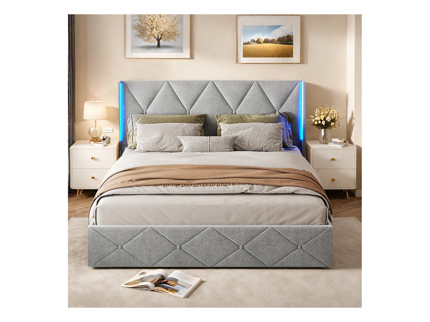 Cama de arrumação 160x200 cm em veludo cinza fosco com luz lateral na cabeceira, arrumação hidráulica, fácil de montar