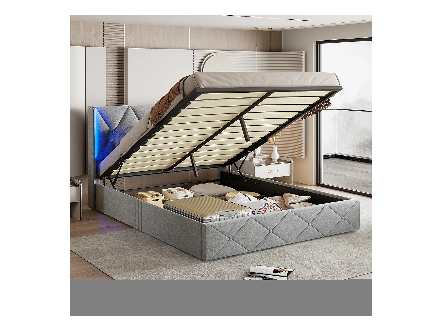 Cama de arrumação 160x200 cm em veludo cinza fosco com luz lateral na cabeceira, arrumação hidráulica, fácil de montar