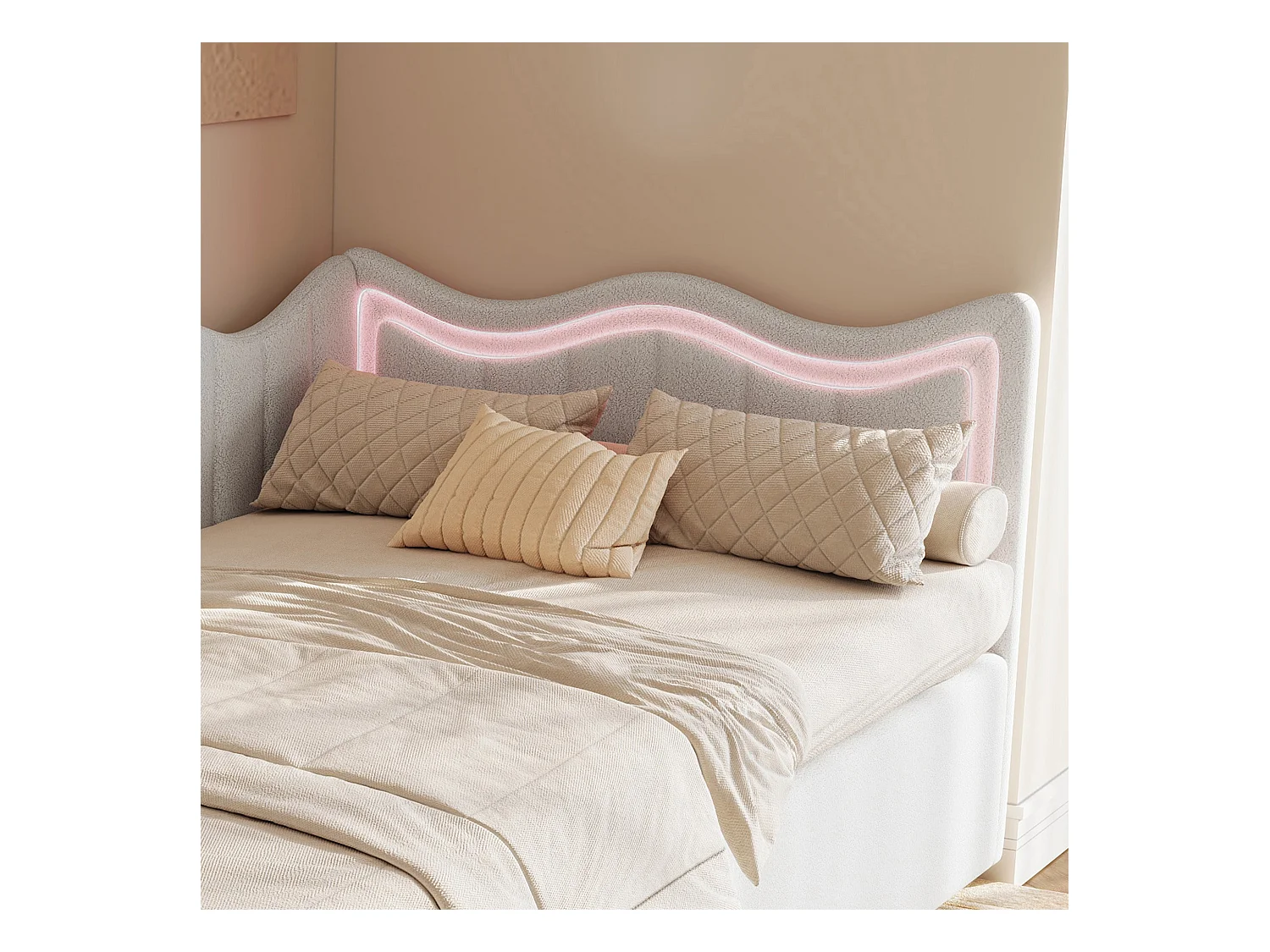 Letto/divano per bambini con contenitore e LED – 90x200 cm – Tessuto felpato bianco con testiera ondulata dal design moderno