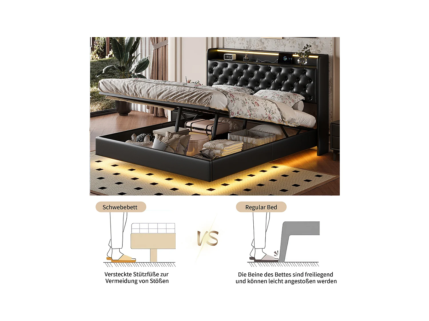 160x200cm PU zwevend bed met LED-hoofdbord en -lichaam, gewatteerd hoofdbord met opbergruimte en EU-stekker - Modern en praktisch ontwerp