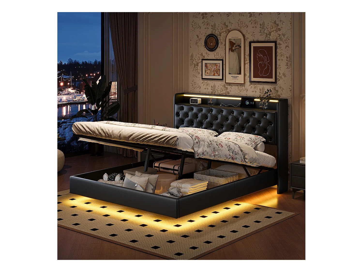 160x200cm PU zwevend bed met LED-hoofdbord en -lichaam, gewatteerd hoofdbord met opbergruimte en EU-stekker - Modern en praktisch ontwerp