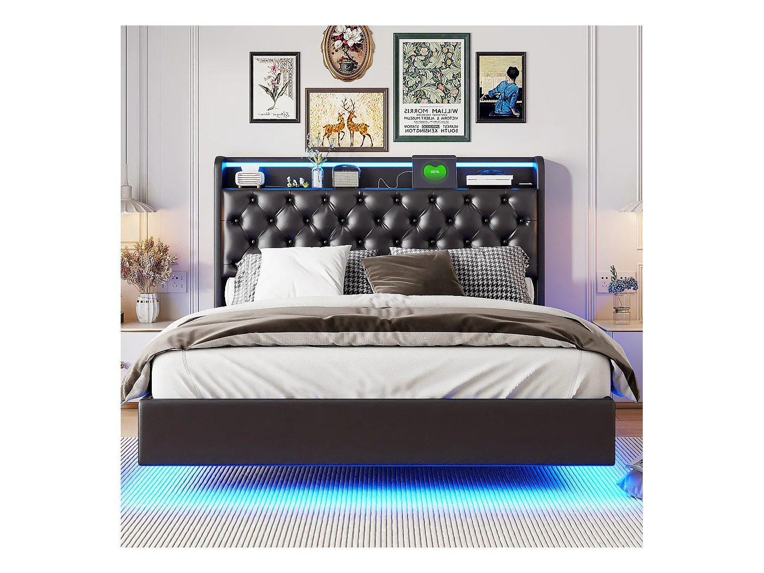 160x200cm PU zwevend bed met LED-hoofdbord en -lichaam, gewatteerd hoofdbord met opbergruimte en EU-stekker - Modern en praktisch ontwerp