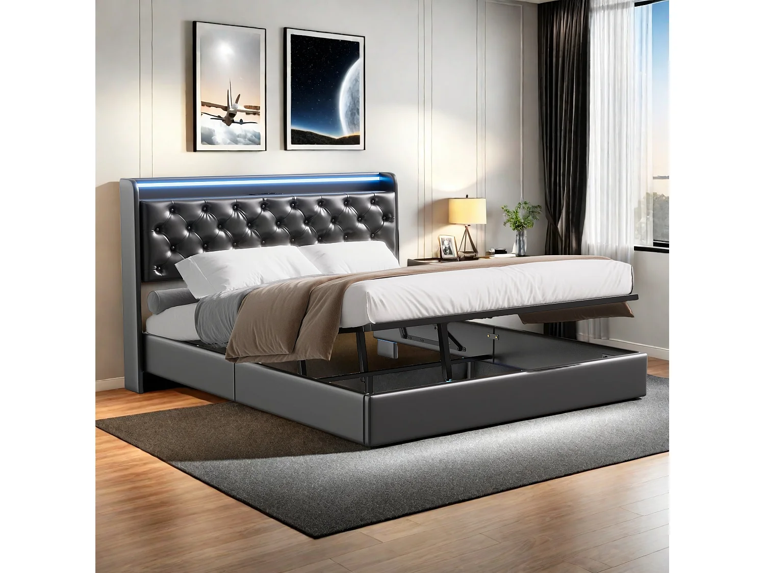 160x200cm PU zwevend bed met LED-hoofdbord en -lichaam, gewatteerd hoofdbord met opbergruimte en EU-stekker - Modern en praktisch ontwerp