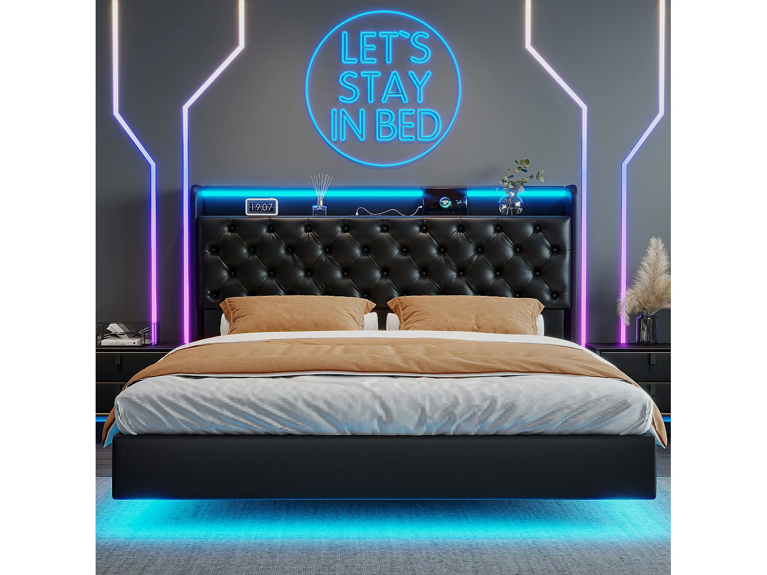 160x200cm PU zwevend bed met LED-hoofdbord en -lichaam, gewatteerd hoofdbord met opbergruimte en EU-stekker - Modern en praktisch ontwerp