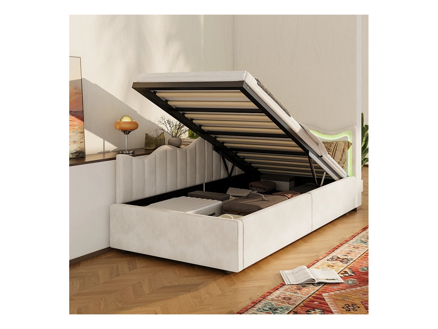 Letto/divano per bambini con contenitore e LED – 90x200 cm – Velluto beige con testiera ondulata e design moderno