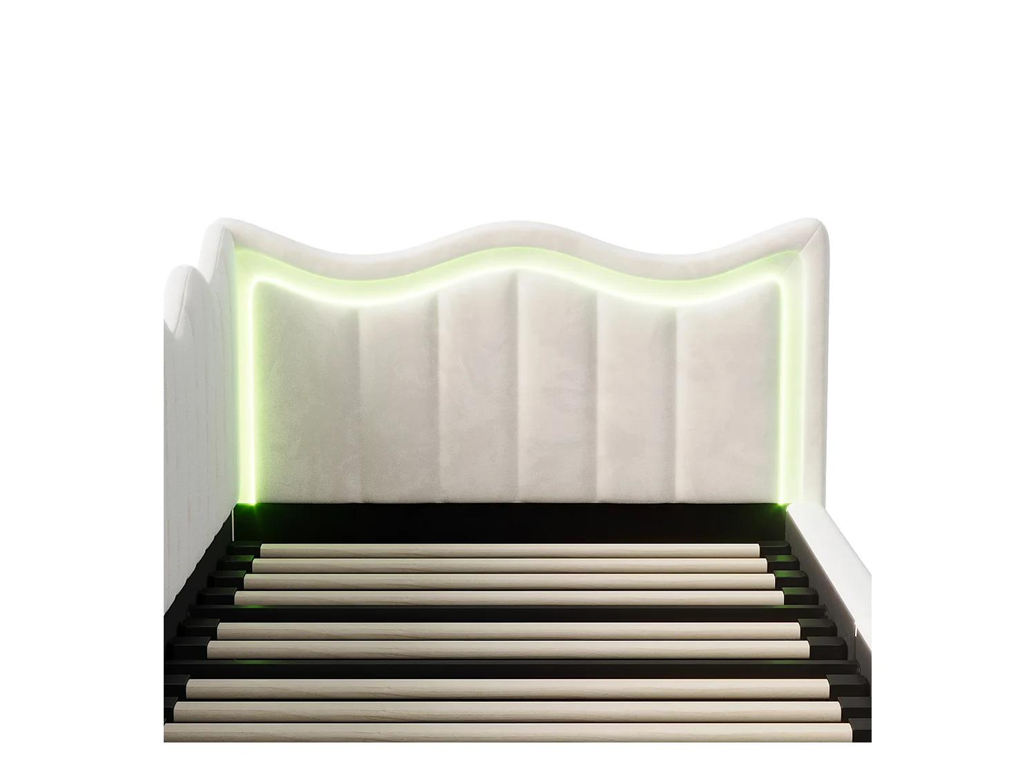 Letto/divano per bambini con contenitore e LED – 90x200 cm – Velluto beige con testiera ondulata e design moderno