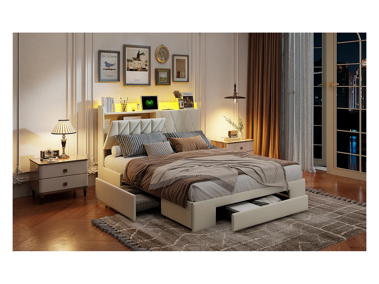 Algemeen 140x200 opbergbed met bedbodem en lade, gestoffeerd hoofdeinde met opbergruimte en ledverlichting, USB en type-C, geschikt voor 2 personen, fluweel, beige