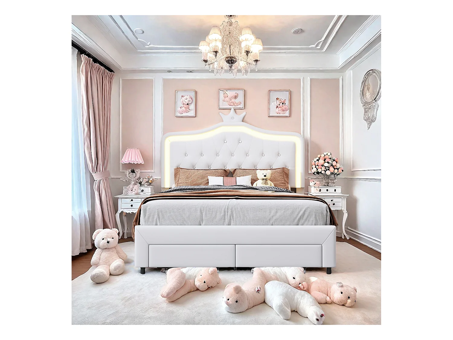 Letto per bambini 90x200 cm imbottito, testiera regolabile, 2 cassetti, forma a corona con LED, stile principessa, bianco (senza materasso)