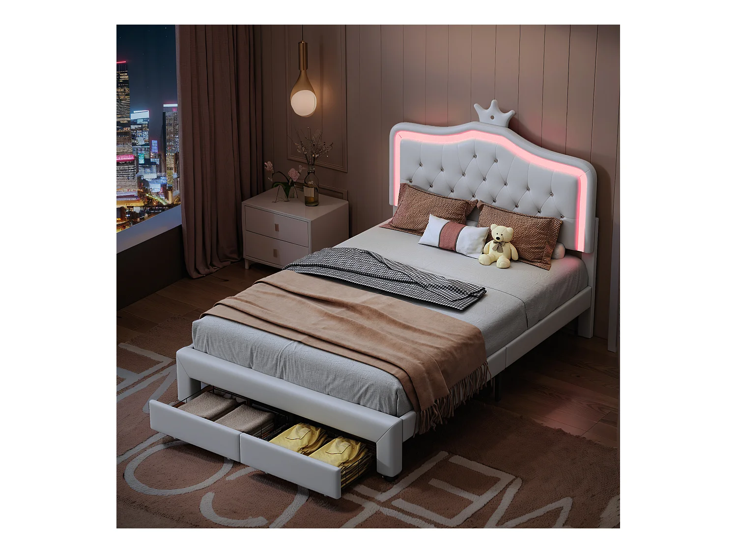 Letto per bambini 90x200 cm imbottito, testiera regolabile, 2 cassetti, forma a corona con LED, stile principessa, bianco (senza materasso)