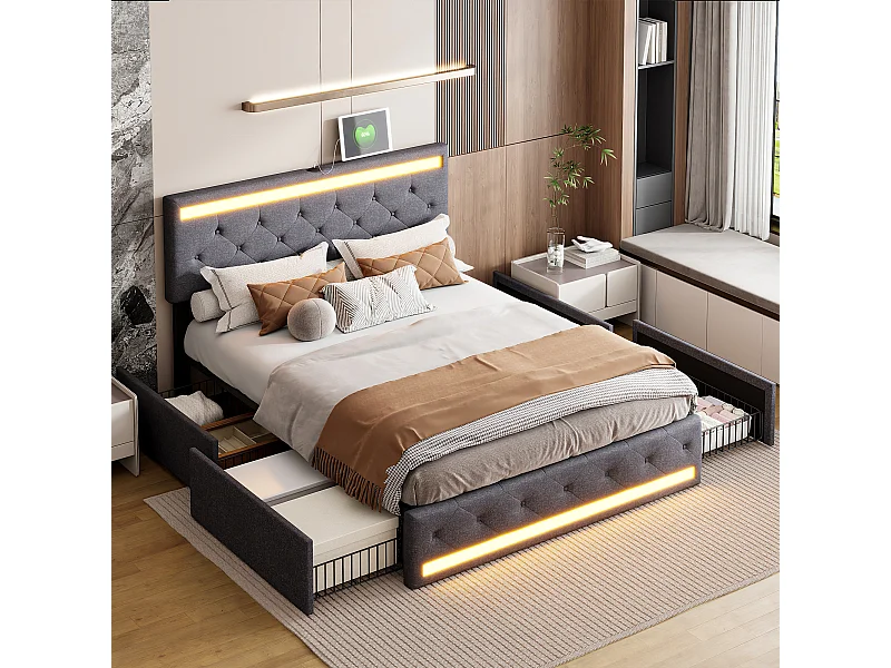 Lit double en lin gris 140x200 cm – LED intégrées, ports USB/Type-C, 4 tiroirs en métal