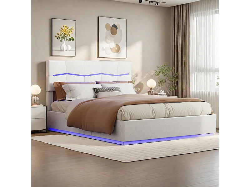 Letto contenitore 160x200cm in PU beige con testiera e base a LED multicolore, porte di ricarica UE, design imbottito e contenitore idraulico