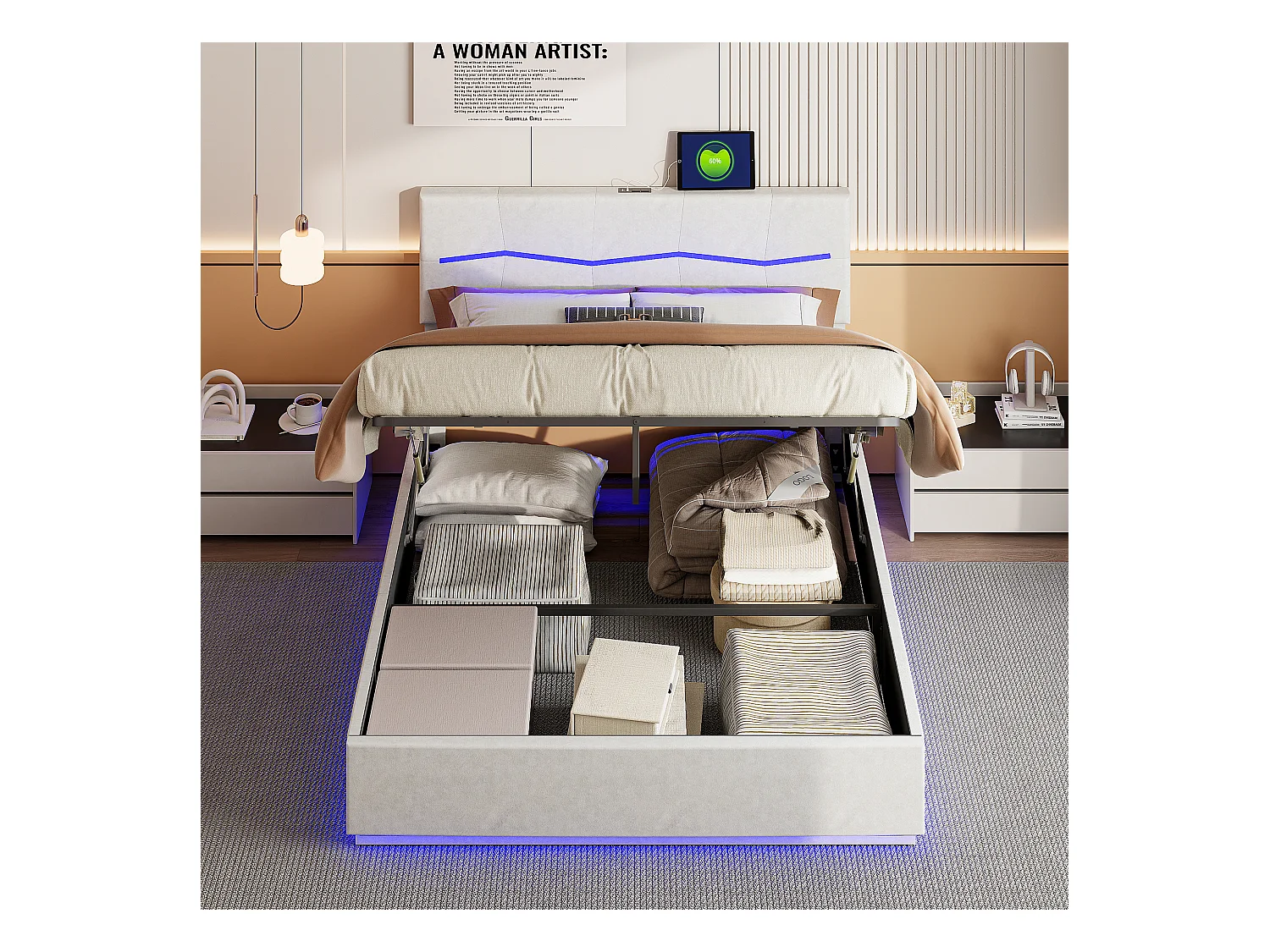 Letto contenitore 160x200cm in PU beige con testiera e base a LED multicolore, porte di ricarica UE, design imbottito e contenitore idraulico