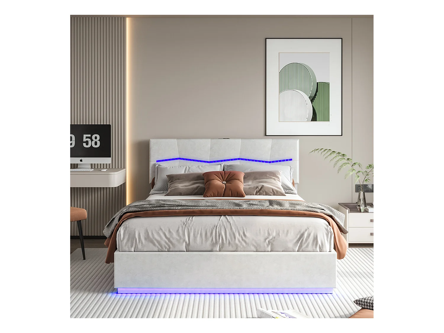 Letto contenitore 160x200cm in PU beige con testiera e base a LED multicolore, porte di ricarica UE, design imbottito e contenitore idraulico
