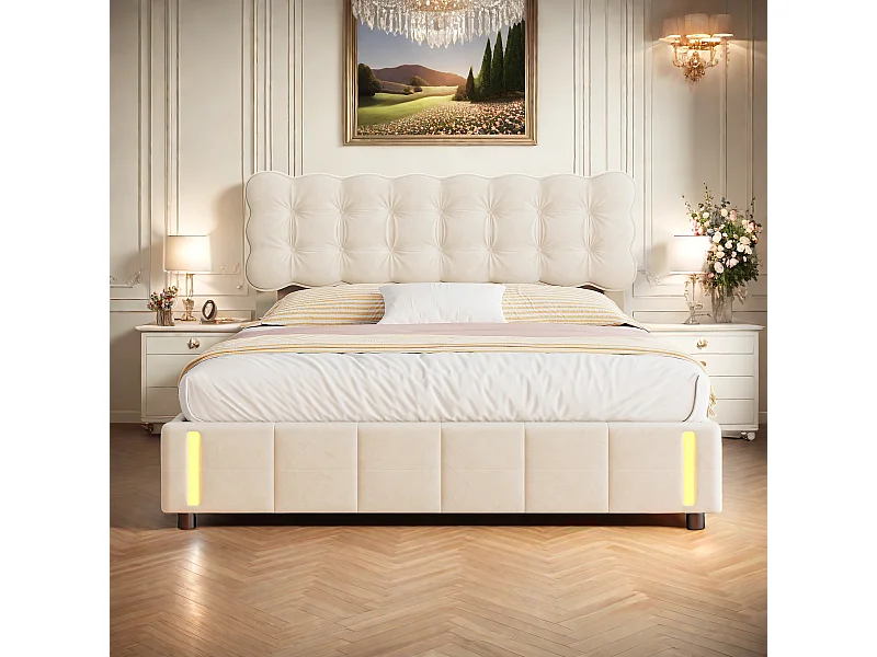 Lit double en velours beige 140x200cm avec rangement hydraulique et lampe sensorielle au pied, confort moderne et lumineux