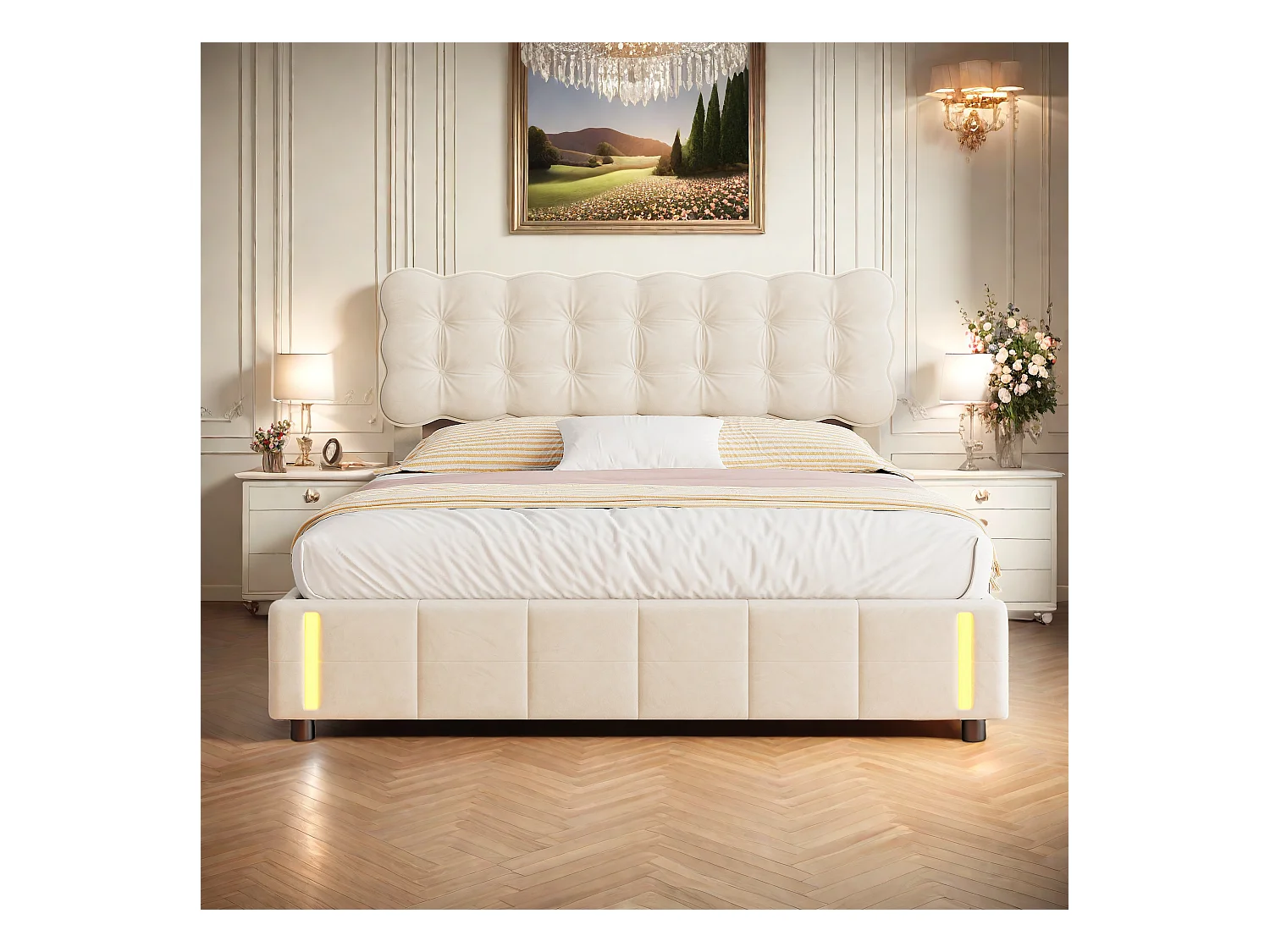 Lit double en velours beige 140x200cm avec rangement hydraulique et lampe sensorielle au pied, confort moderne et lumineux