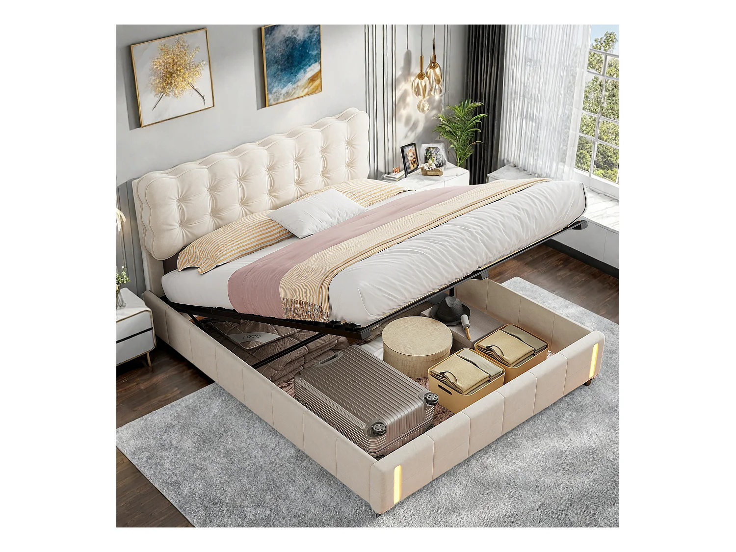 Lit double en velours beige 140x200cm avec rangement hydraulique et lampe sensorielle au pied, confort moderne et lumineux