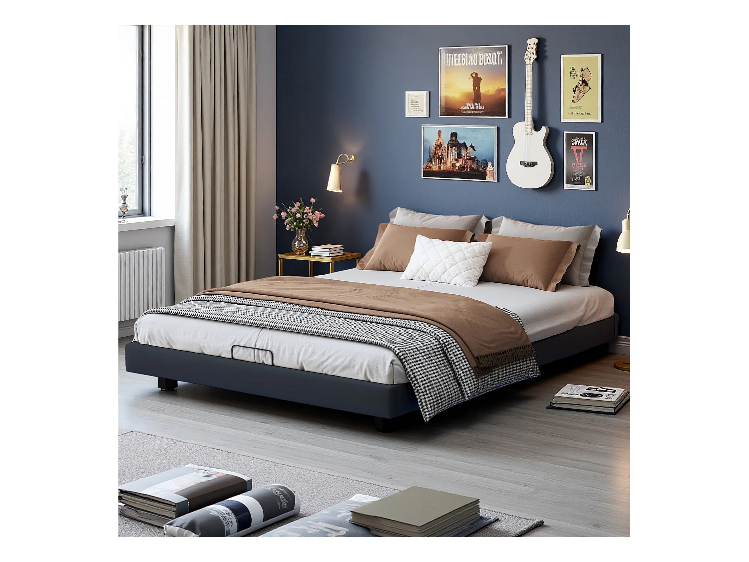 Letto matrimoniale beige 160x200 cm design flottante con LED, rete a doghe in legno, struttura in metallo e vano contenitore pratico