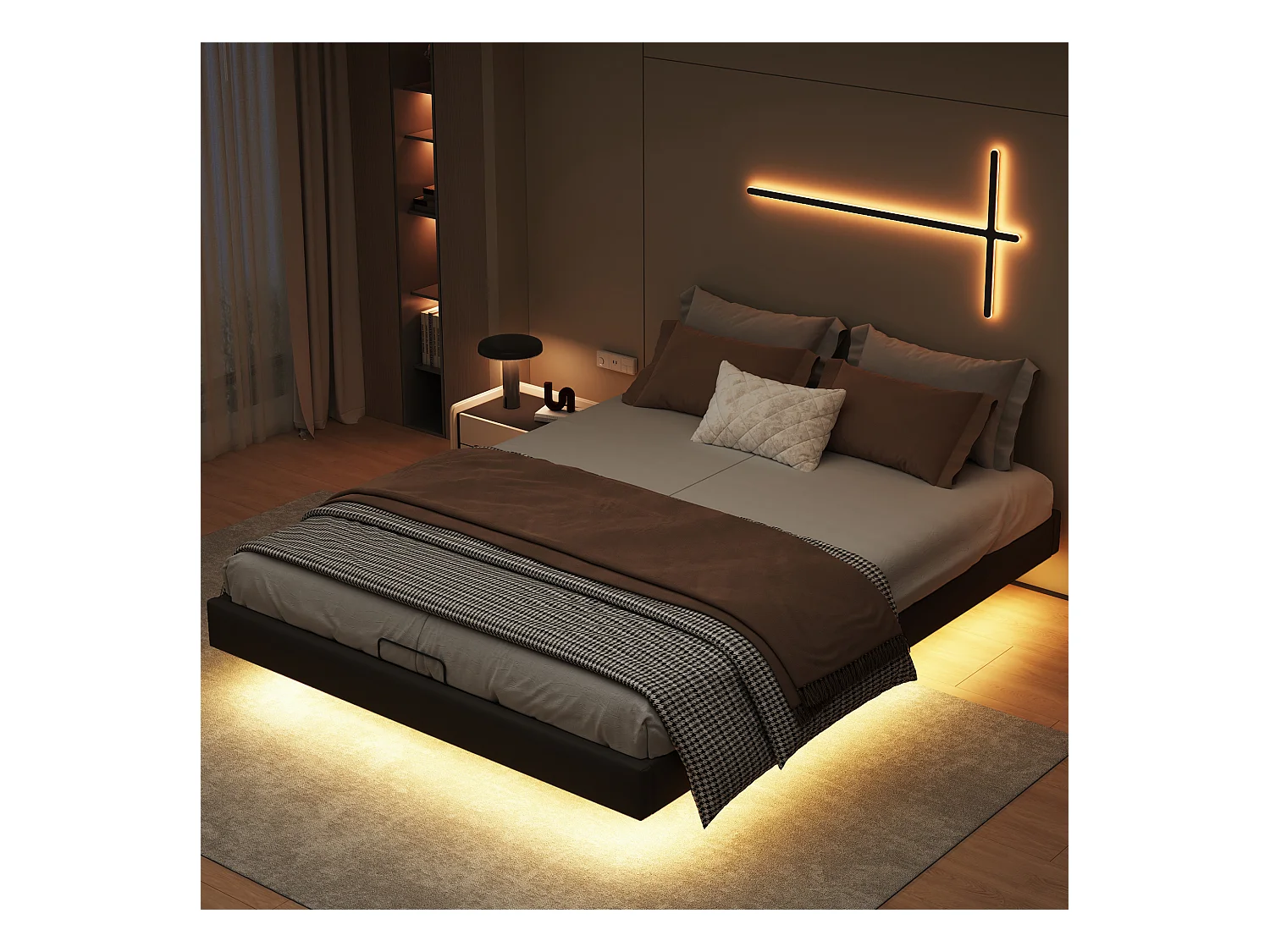 Letto matrimoniale beige 160x200 cm design flottante con LED, rete a doghe in legno, struttura in metallo e vano contenitore pratico