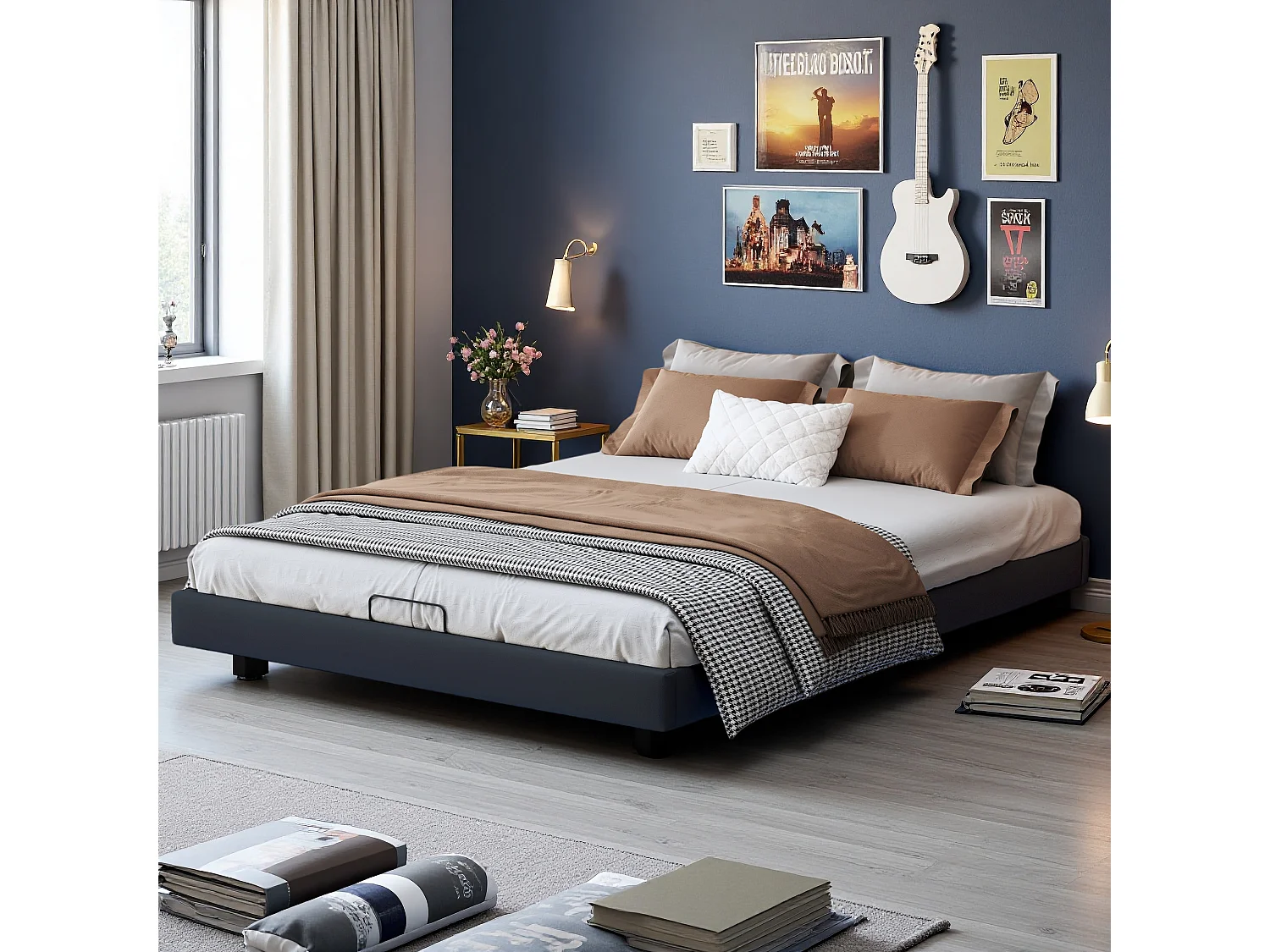 Lit beige 160x200 cm design flottant avec LED, cadre en métal et sommier à lattes en bois, lit double moderne sans tête de lit avec espace de rangement