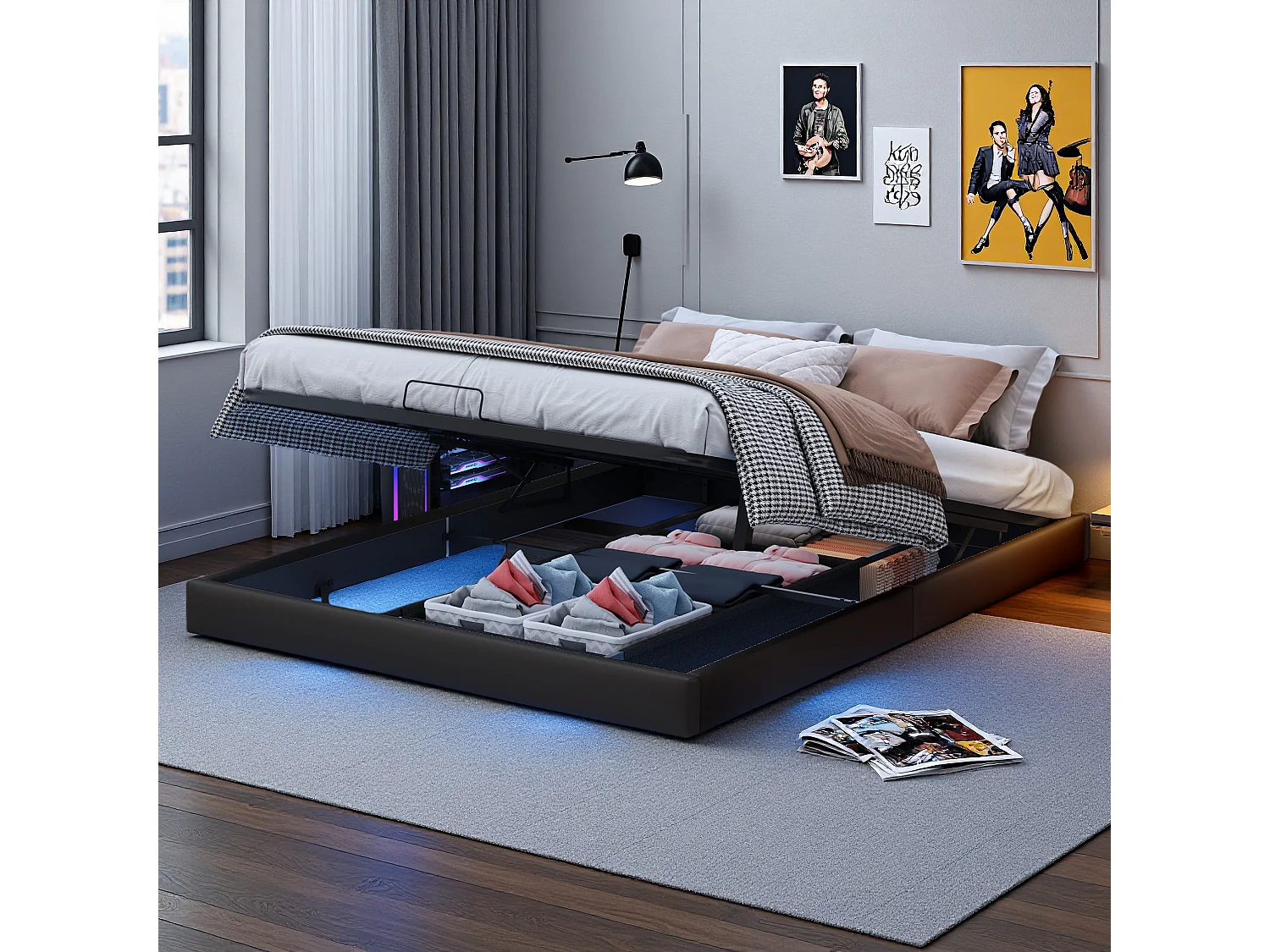 Lit beige 160x200 cm design flottant avec LED, cadre en métal et sommier à lattes en bois, lit double moderne sans tête de lit avec espace de rangement