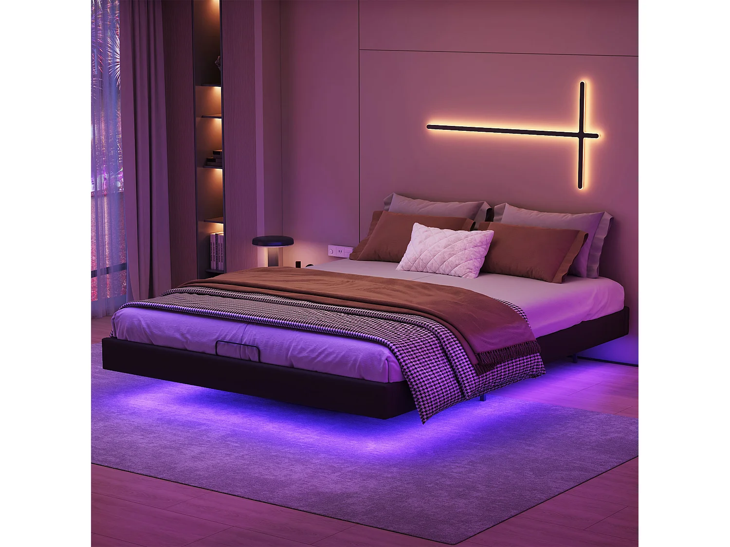 Lit beige 160x200 cm design flottant avec LED, cadre en métal et sommier à lattes en bois, lit double moderne sans tête de lit avec espace de rangement