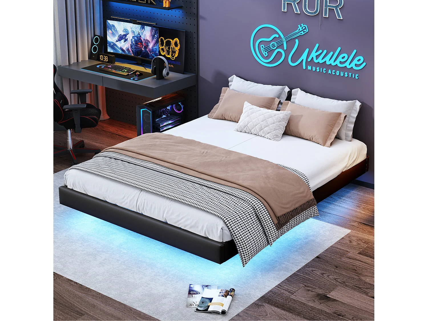 Lit beige 160x200 cm design flottant avec LED, cadre en métal et sommier à lattes en bois, lit double moderne sans tête de lit avec espace de rangement