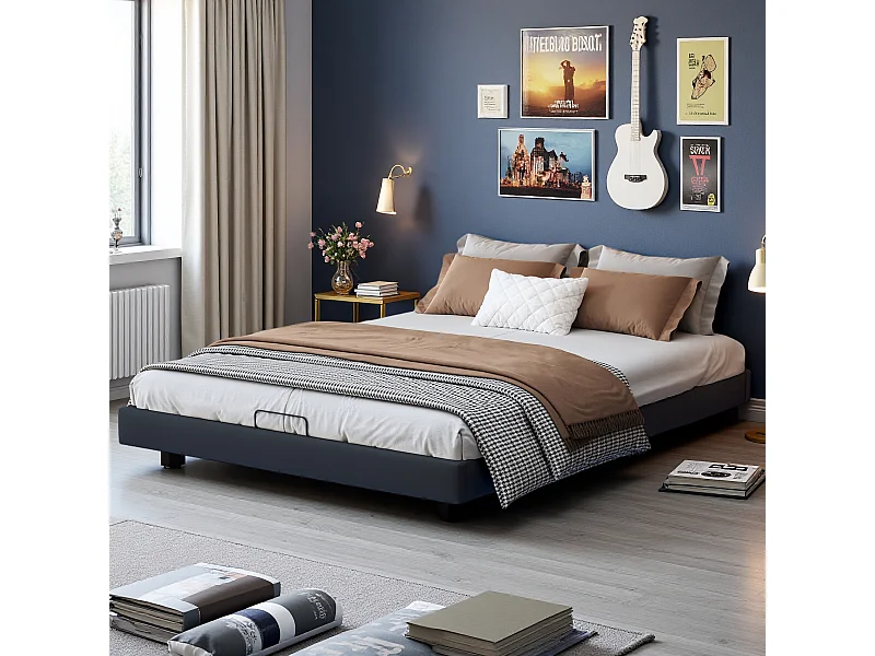 Lit beige 160x200 cm design flottant avec LED, cadre en métal et sommier à lattes en bois, lit double moderne sans tête de lit avec espace de rangement