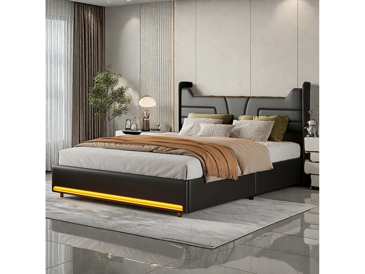 Lit double 160x200cm en cuir PU noir avec rangement hydraulique, tête de lit LED avec ports de charge & bande lumineuse au pied du lit