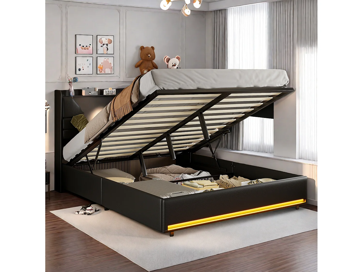 Lit double 160x200cm en cuir PU noir avec rangement hydraulique, tête de lit LED avec ports de charge & bande lumineuse au pied du lit