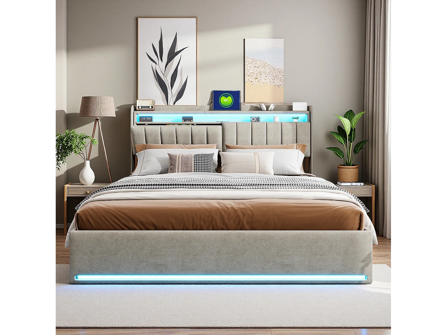 Lit coffre 140x190 cm en tissu velours gris avec tête de lit rembourrée, LED intégrées, rangement pratique, prise USB