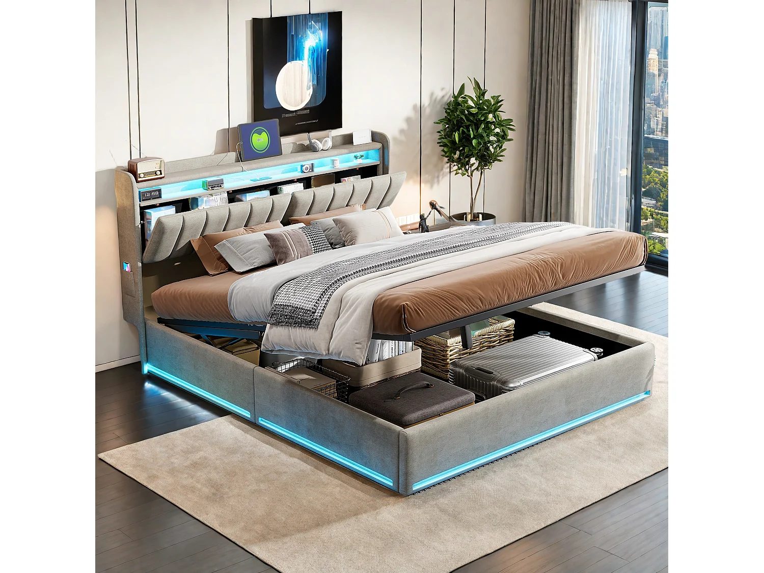 Lit coffre 140x190 cm en tissu velours gris avec tête de lit rembourrée, LED intégrées, rangement pratique, prise USB