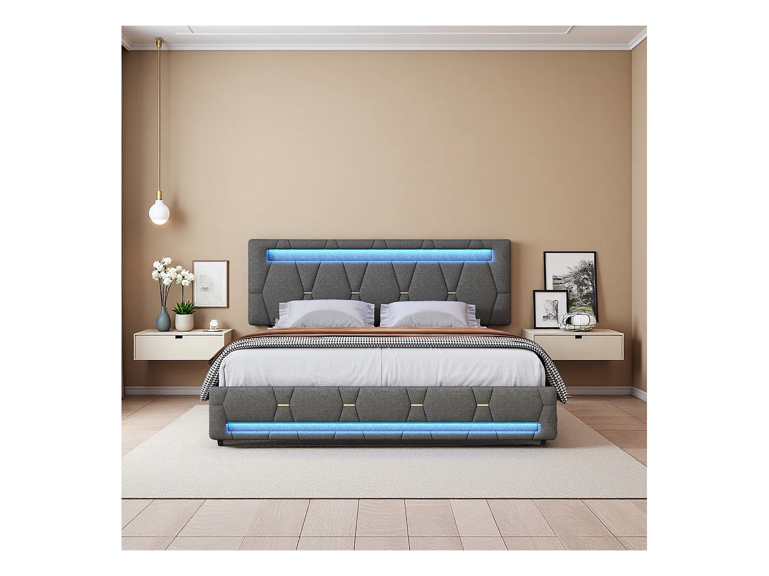 Cama box cinza 160x200 cm com LED RGB, 4 gavetas, tecido linho, cabeceira ajustável, luz controlável por controle remoto e aplicativo