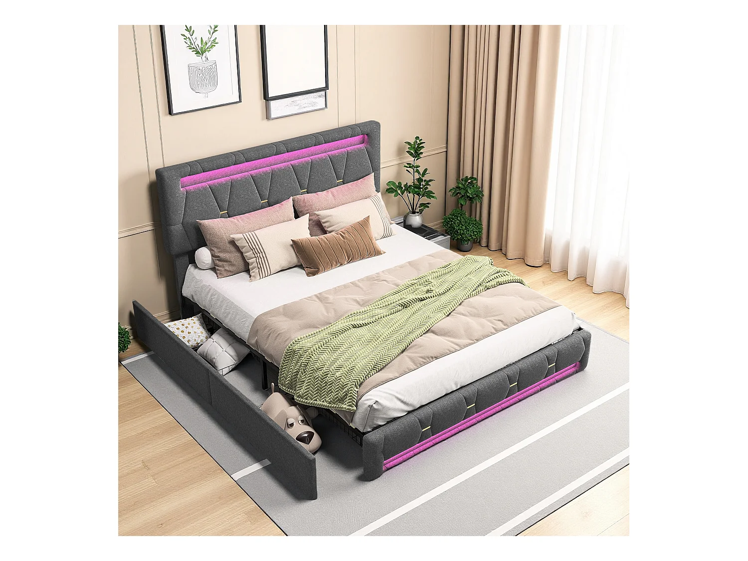 Cama box cinza 160x200 cm com LED RGB, 4 gavetas, tecido linho, cabeceira ajustável, luz controlável por controle remoto e aplicativo