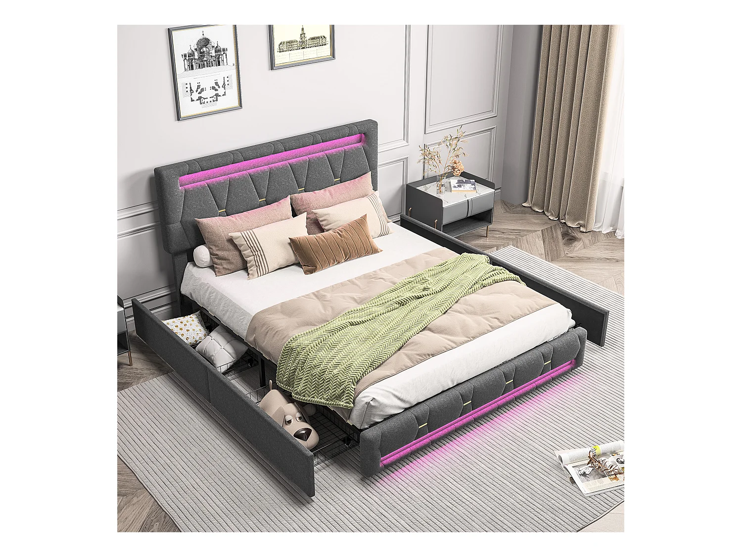 Cama box cinza 160x200 cm com LED RGB, 4 gavetas, tecido linho, cabeceira ajustável, luz controlável por controle remoto e aplicativo