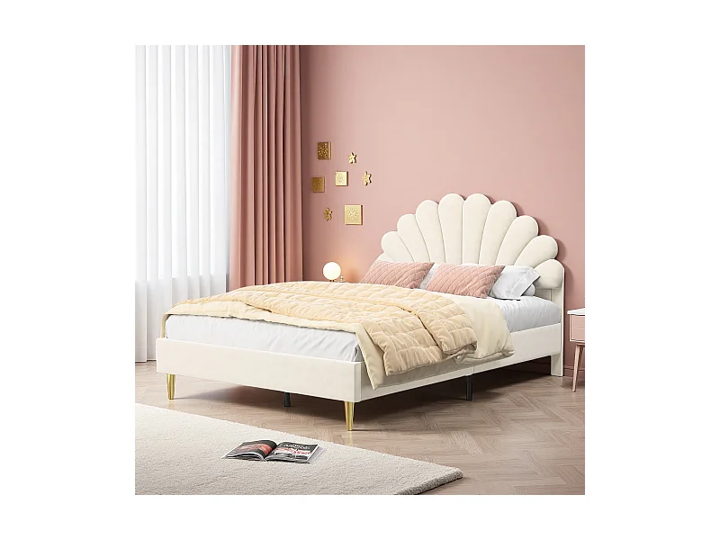 Bed bekleed met fluweel, 140*190 cm, tweepersoonsbed, bloemblaadjesvormig bed, gouden ijzeren poten, houten onderstel, beige