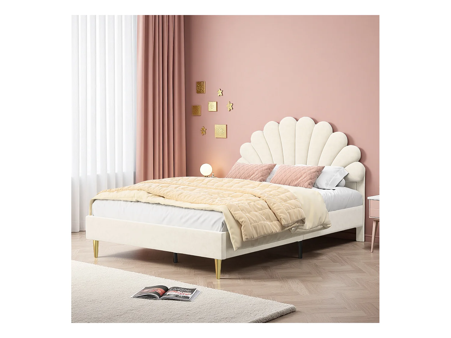 Bed bekleed met fluweel, 140*190 cm, tweepersoonsbed, bloemblaadjesvormig bed, gouden ijzeren poten, houten onderstel, beige