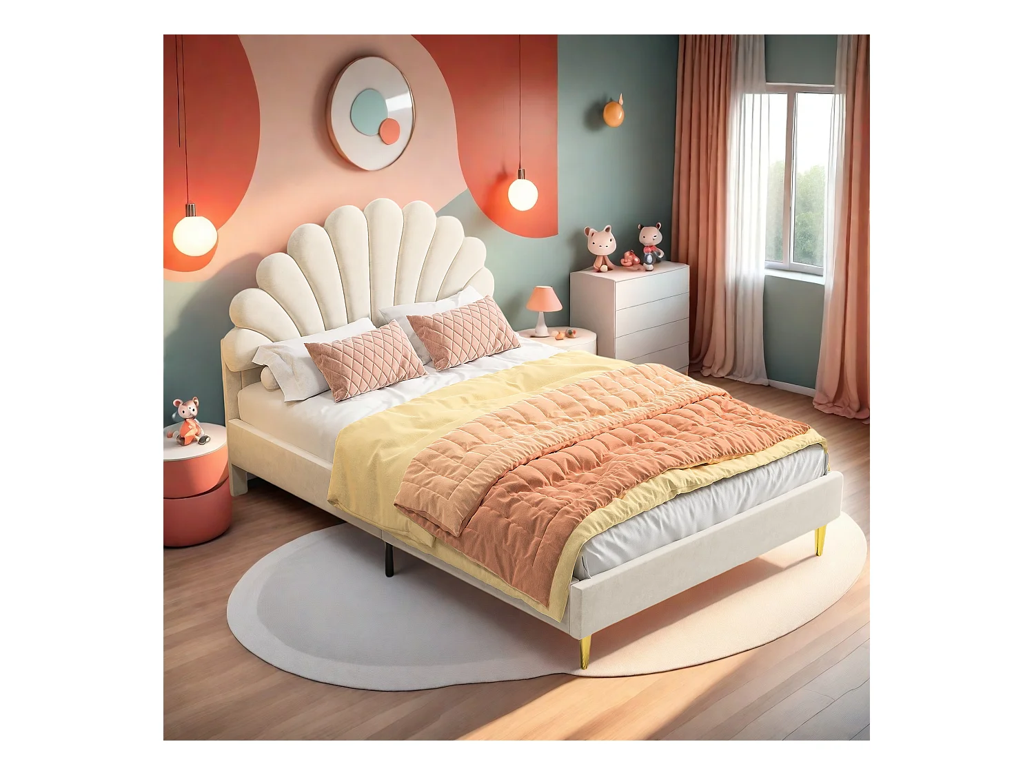 Bed bekleed met fluweel, 140*190 cm, tweepersoonsbed, bloemblaadjesvormig bed, gouden ijzeren poten, houten onderstel, beige