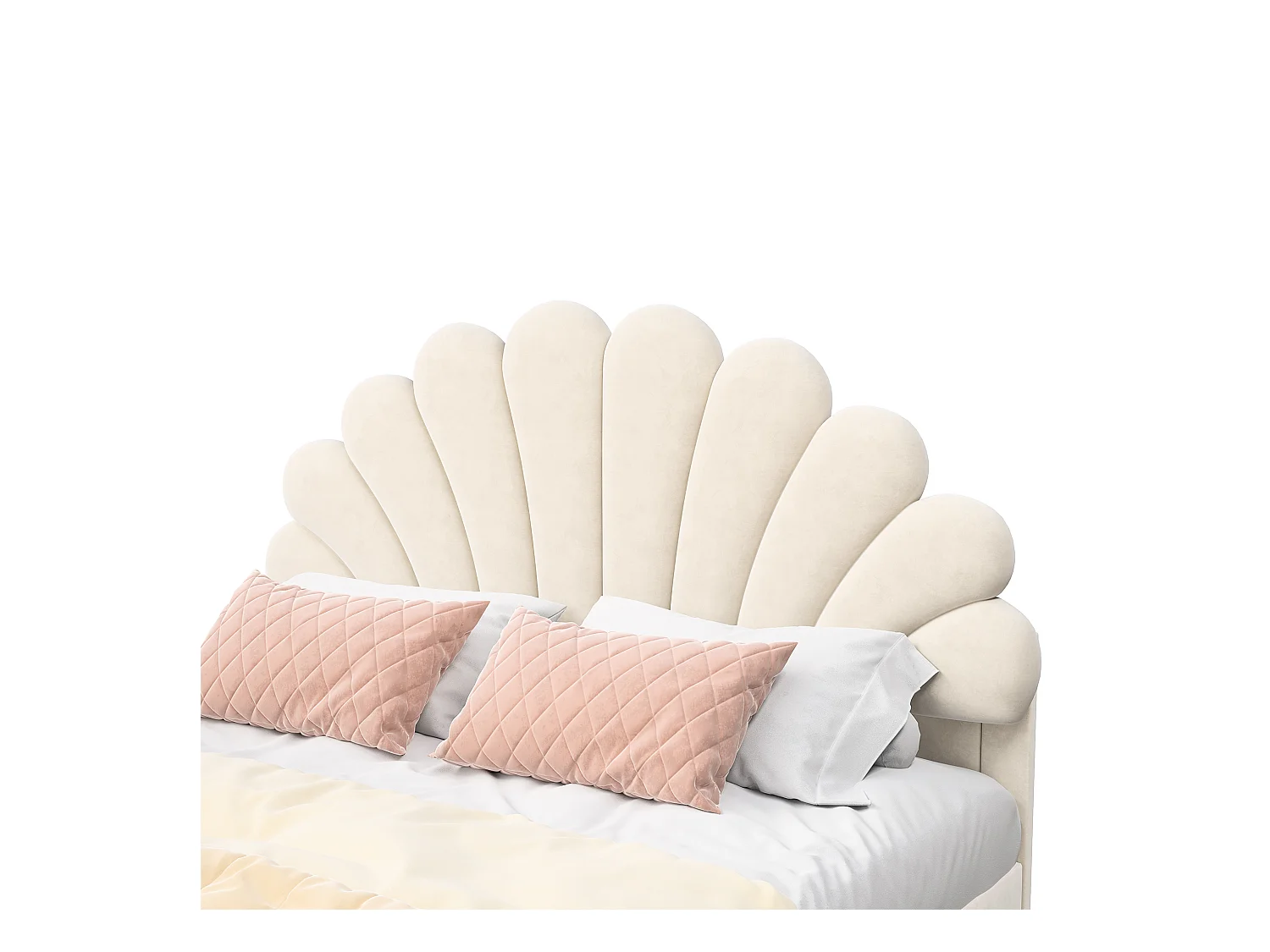 Bed bekleed met fluweel, 140*190 cm, tweepersoonsbed, bloemblaadjesvormig bed, gouden ijzeren poten, houten onderstel, beige