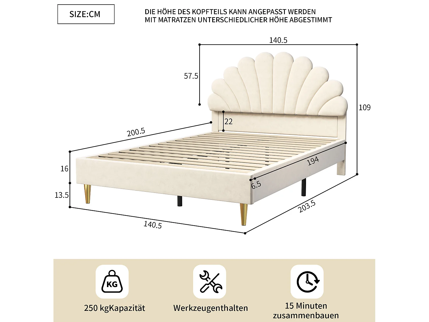 Bed bekleed met fluweel, 140*190 cm, tweepersoonsbed, bloemblaadjesvormig bed, gouden ijzeren poten, houten onderstel, beige