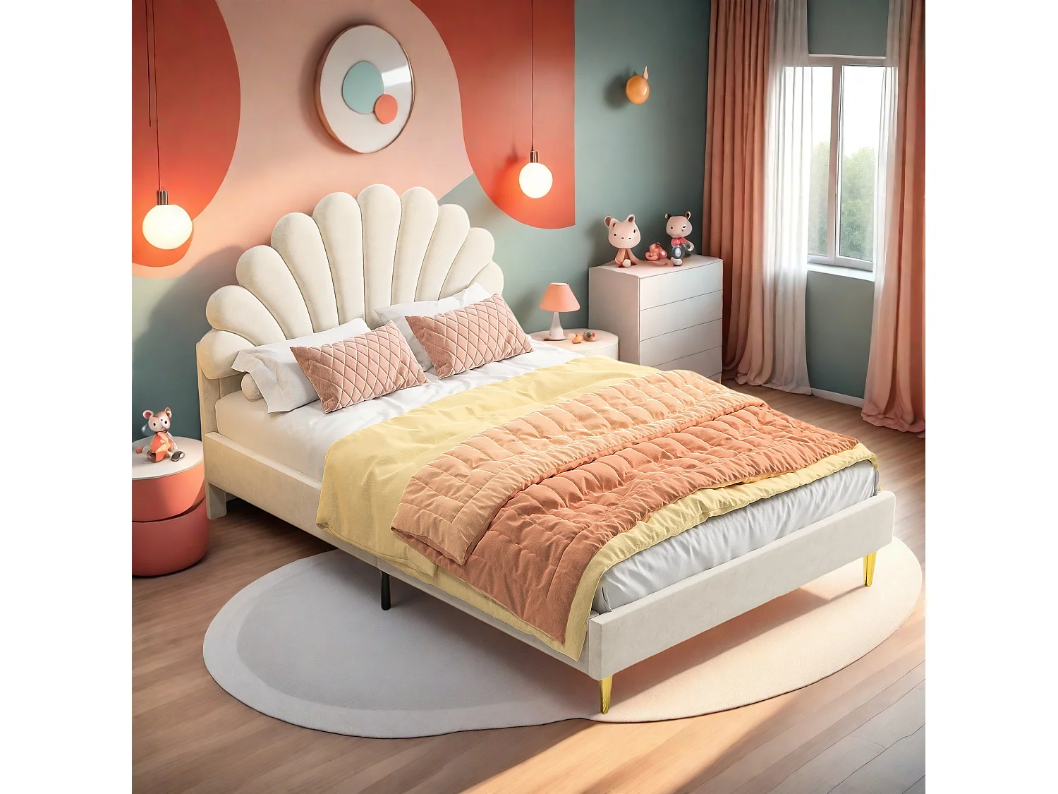 Cama tapizada en terciopelo, 140*190 cm, cama doble, cama en forma de pétalo, patas de hierro dorado, base de madera, color beige